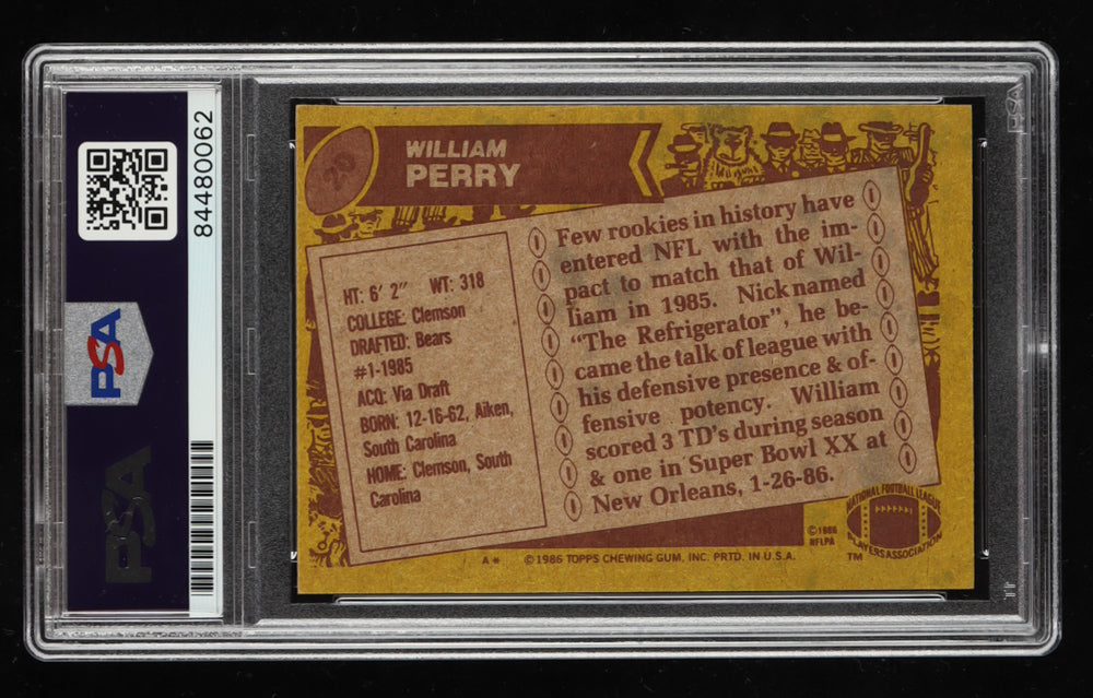 William Perry Signed 1986 Topps #20 Inscribed "The Fridge" - Rookie Card | Autograph Graded PSA 9