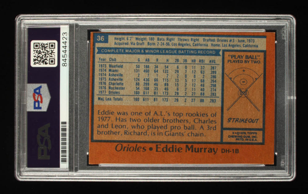 Eddie Murray Signed 1978 Topps #36 Rookie Card - Autograph Graded (PSA) 10