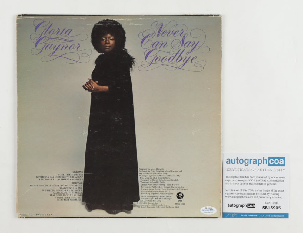 Gloria Gaynor Signed (AutographCOA) "Never Can Say Goodbye" Vinyl Record Album Inscribed "Peace and Love"