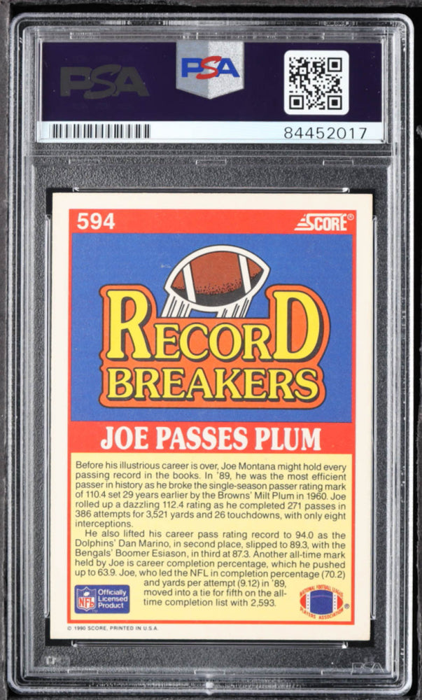 Joe Montana Signed 1990 Score #594 Record Breakers - Autograph Graded (PSA) 10