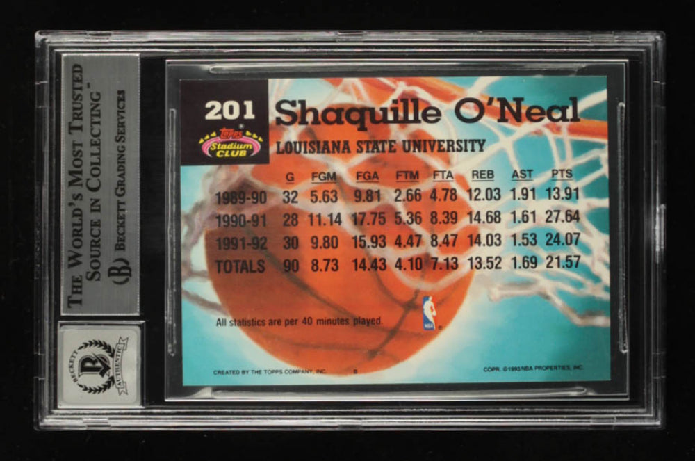 Shaquille O'Neal Signed 1992-93 Stadium Club #201 MC - Autograph Graded Beckett (BGS) 10 - Rookie Card