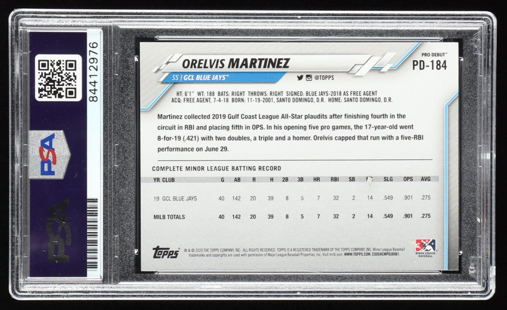 Orelvis Martinez Signed 2020 Topps Pro Debut #PD184 - Autograph Graded (PSA) 10 - Rookie Card