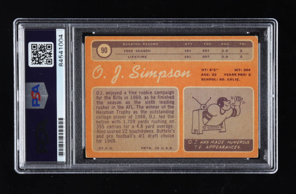 O.J. Simpson Signed 1970 Topps #90 RC Inscribed "1st Heisman in NFL HOF 85" (PSA) - Rookie Card