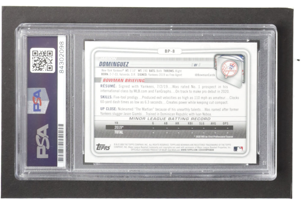 Jasson Dominguez Signed 2020 Bowman Prospects #BP8 RC - Autograph Graded (PSA) 10 - Rookie Card