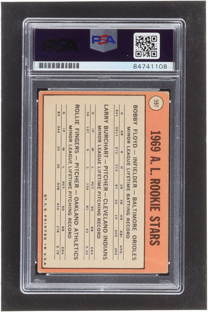 Rollie Fingers Signed Bob Floyd RC / Larry Burchart RC / Rollie Fingers RC 1969 Topps Rookie Stars #597 - Autograph Graded PSA 10 - Rookie Card