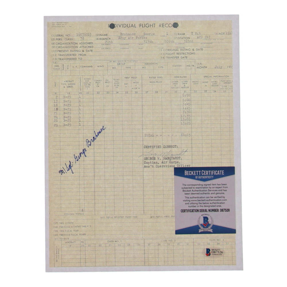 George Brabenec Signed (Beckett) 8.5x11 WWII Flight Record Print - Master Sergeant 393rd Bombardment Squadron - Fight Engineer of the Necessary Evil
