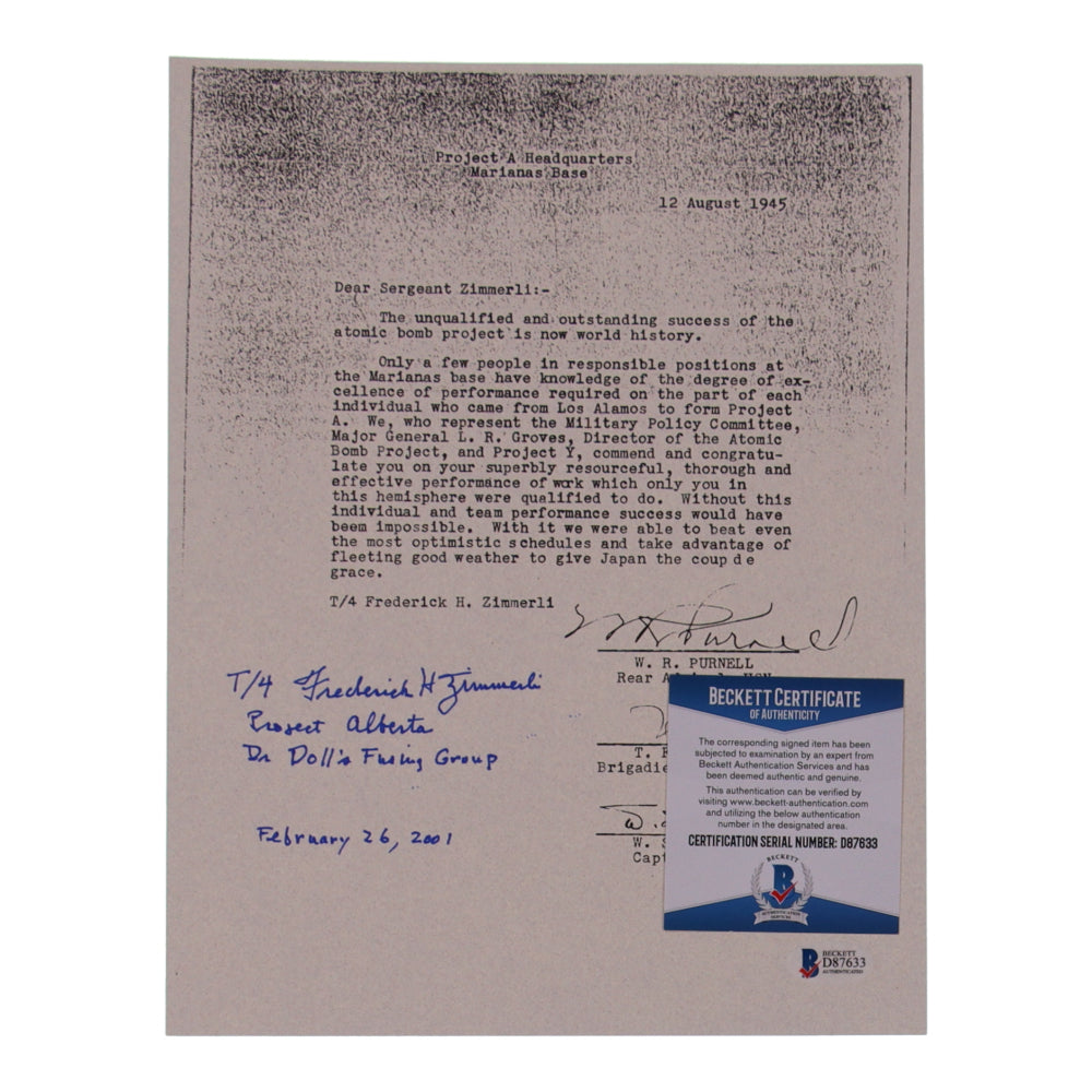 Frederick Zimmerli Signed (Beckett) 8.5x11 WWII Document Copy