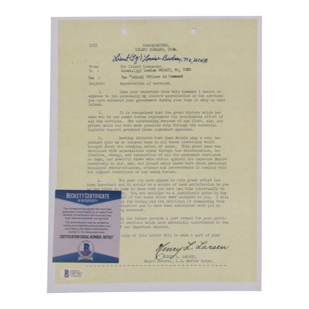 Louise Budrey Signed 8.5x11 WWII Document Copy (Beckett)