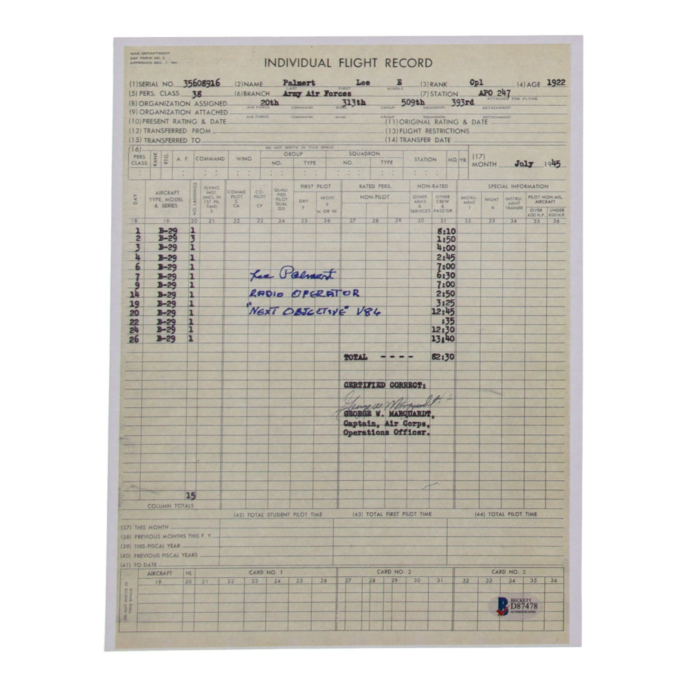 Lee Palmert Signed (Beckett)  8.5x11 WWII Flight Record Print With Inscribed "Radio Operator Next Objective V86"