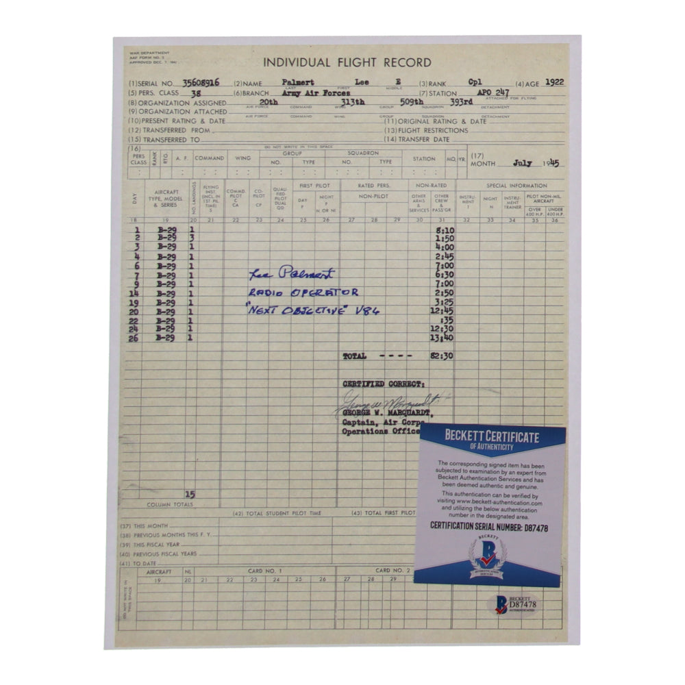 Lee Palmert Signed (Beckett)  8.5x11 WWII Flight Record Print With Inscribed "Radio Operator Next Objective V86"