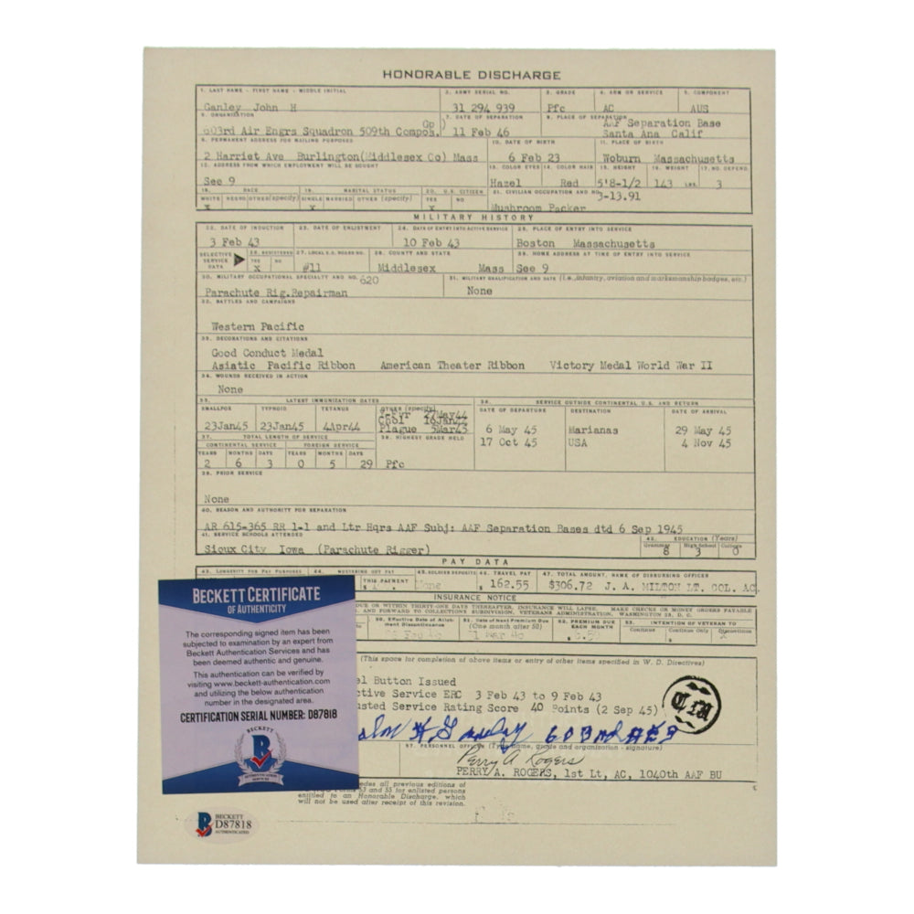 John H. Ganley Signed (Beckett) 8.5x11 WWII Document Copy