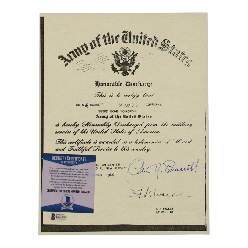 Orin Barrett Signed (Beckett) 8.5x11 WWII Document Copy