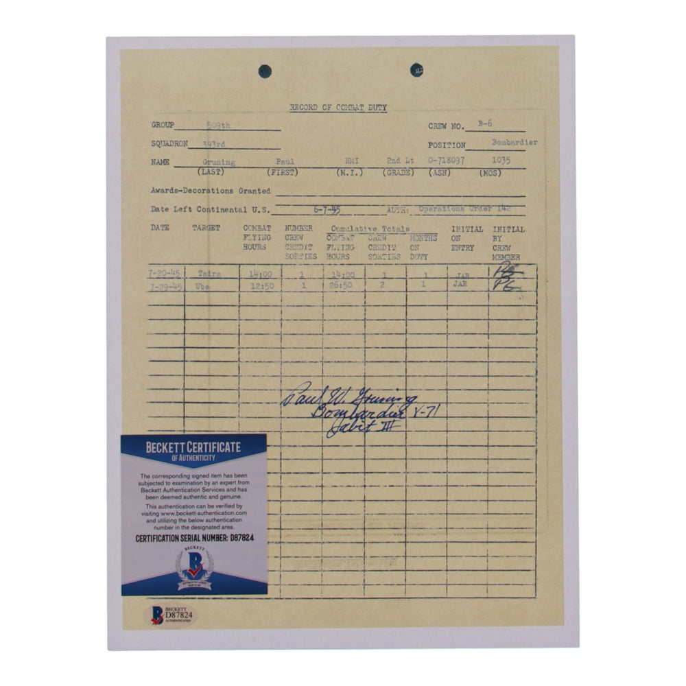 Paul W. Gruning Signed (Beckett) 8.5x11 WWII Document Copy with Service Record Inscription