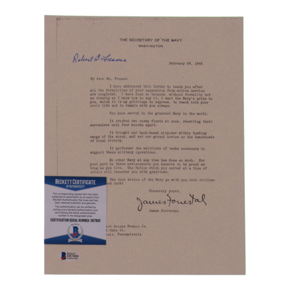 Robert H. France Signed (Beckett) 8.5x11 WWII Document Copy