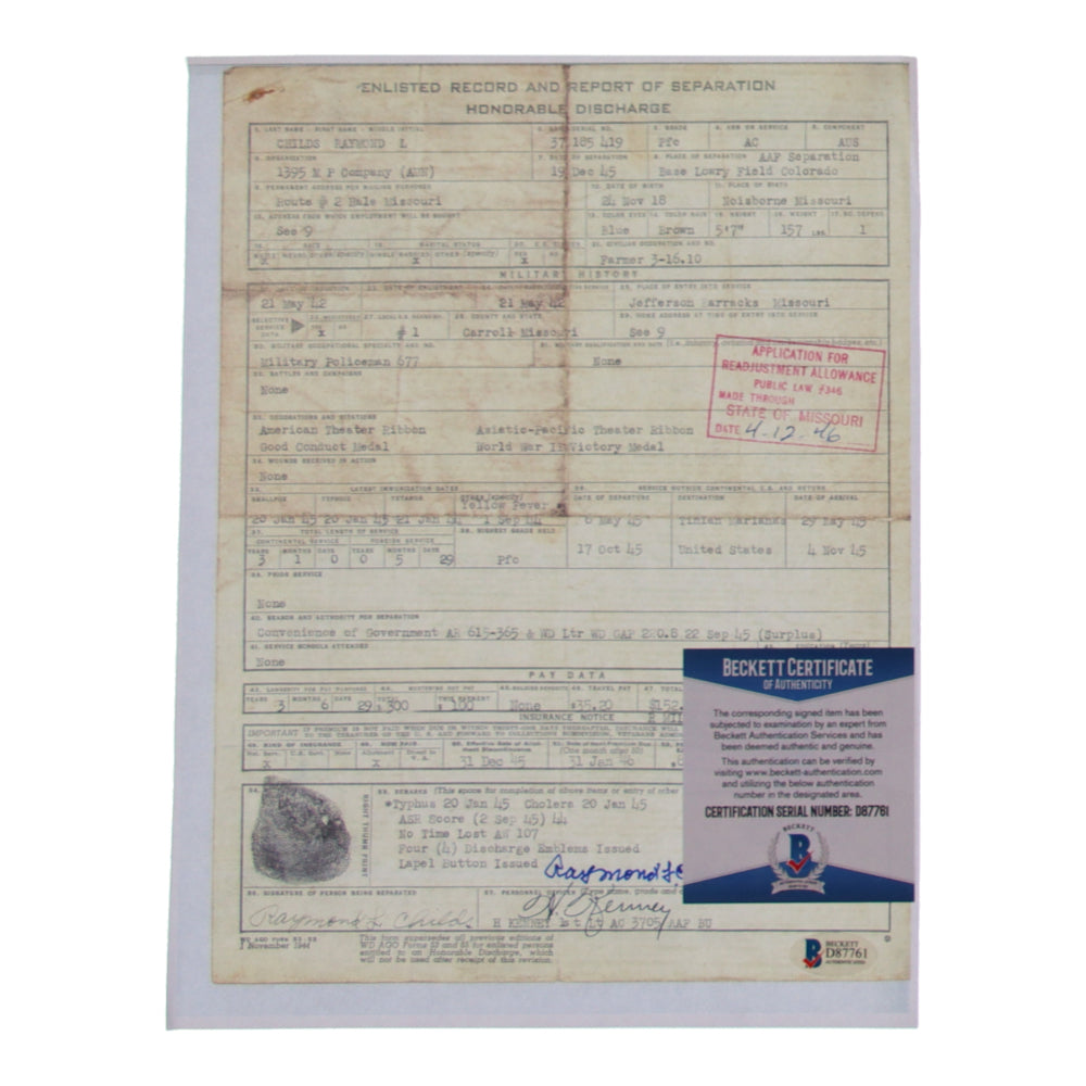 Raymond Childs Signed (Beckett) 8.5x11 WWII Document Copy