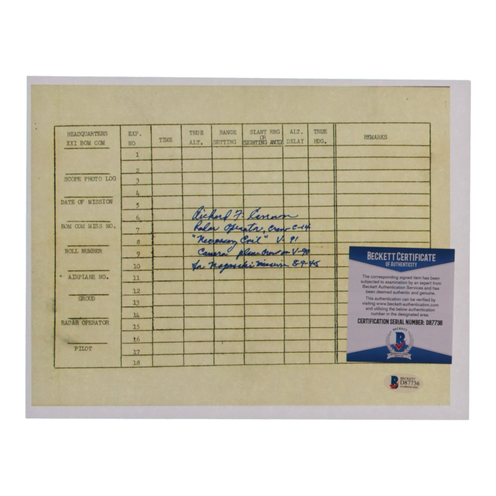 Richard F. Cannon Signed (Beckett) 8.5x11 WWII Document Copy with Service Record Inscription