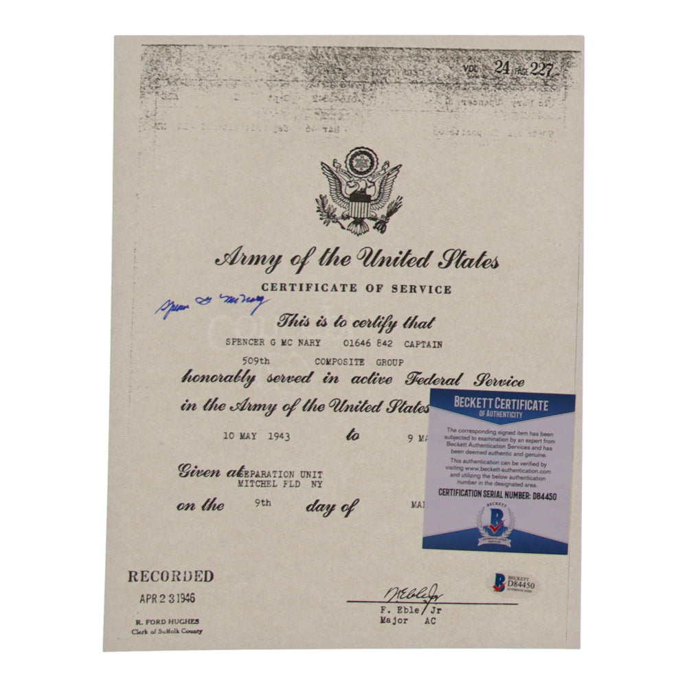 Spencer G. McNary Signed (Beckett) 8.5x11 WWII Document Copy