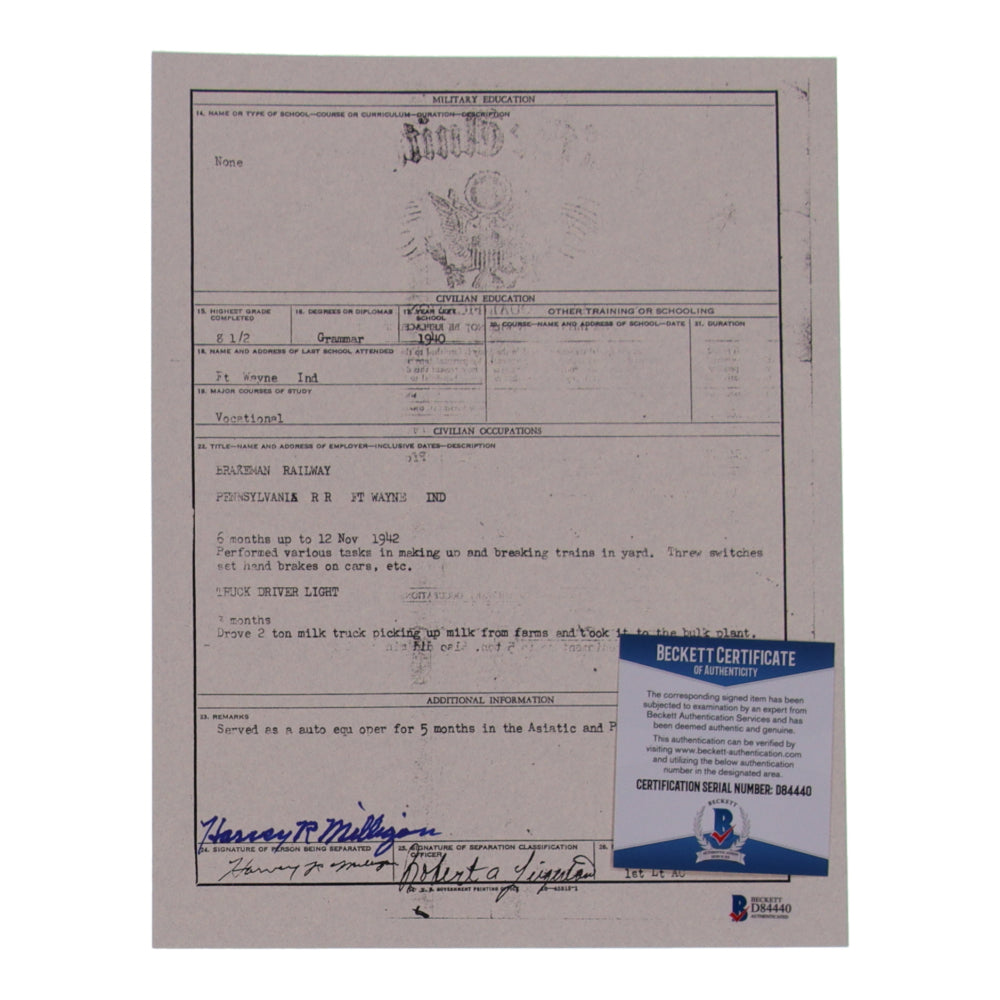Weldon Harvey Milligan Signed (Beckett) 8.5x11 WWII Document Copy