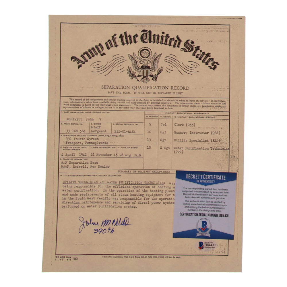 John V. McDivitt Signed (Beckett) 8.5x11 WWII Document Copy Inscribed "390th"