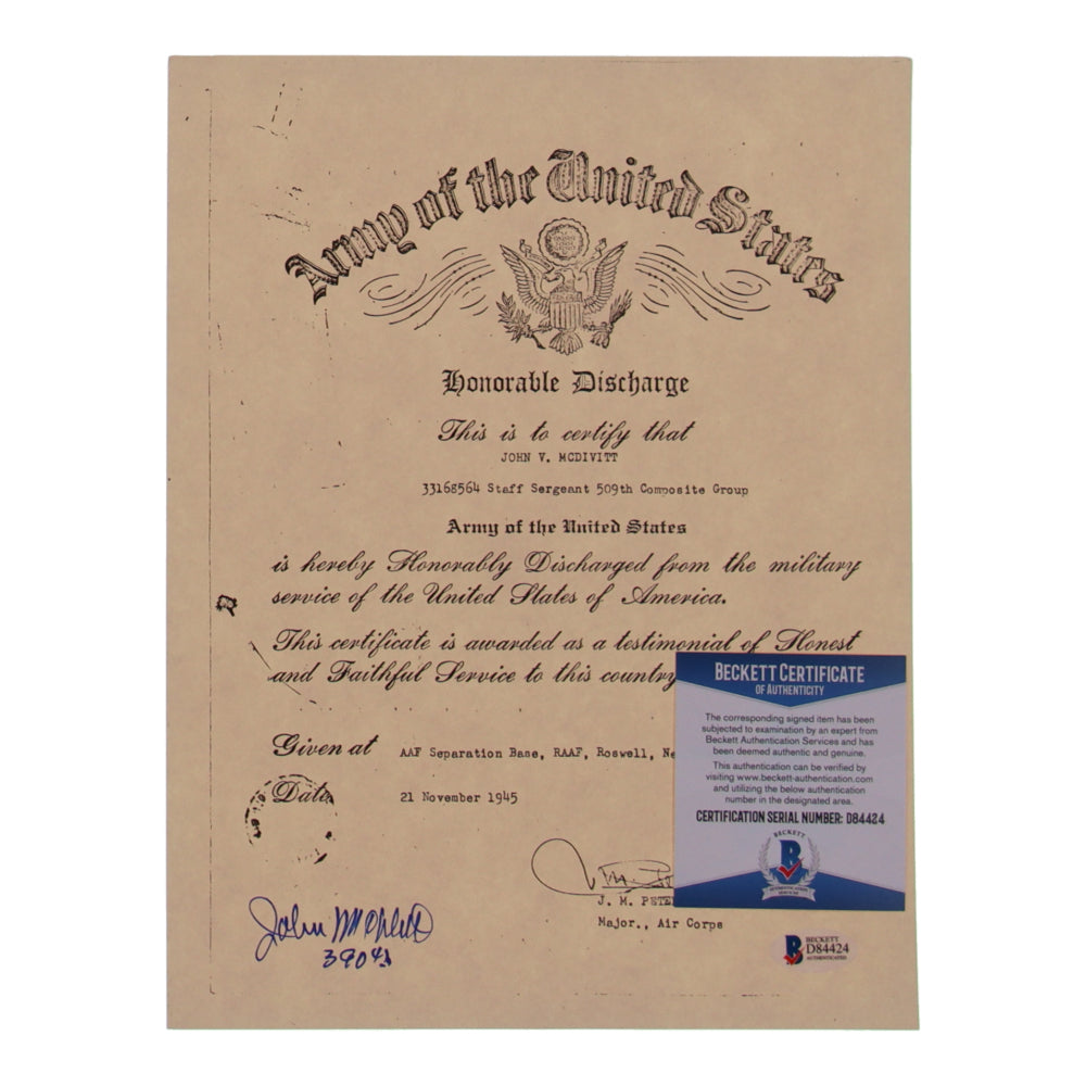 John V. McDivitt Signed (Beckett) 8.5x11 WWII Document Copy Inscribed "390th"