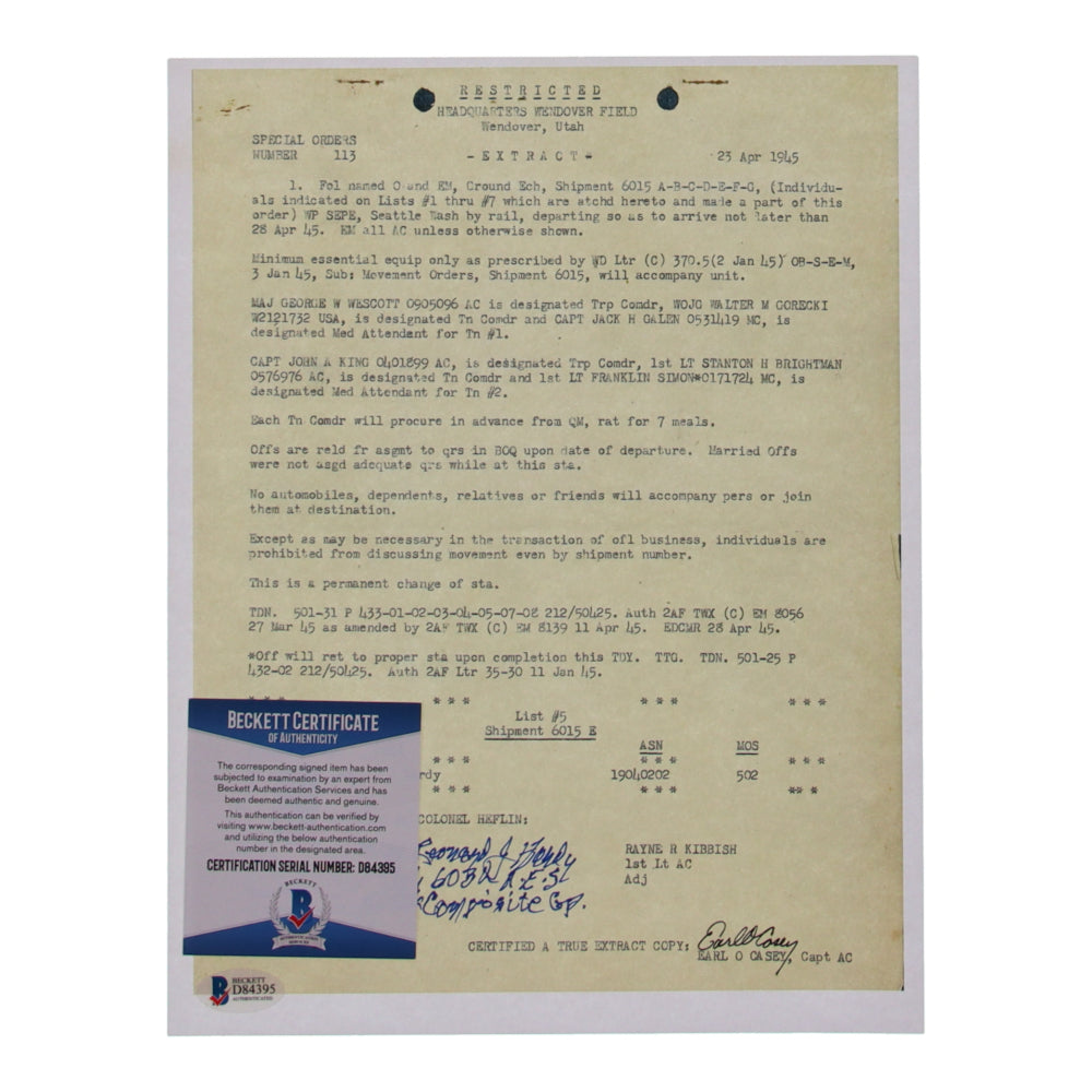 Leonard R. Hardy Signed (Beckett) 8.5x11 WWII Document Copy with Service Record Inscription