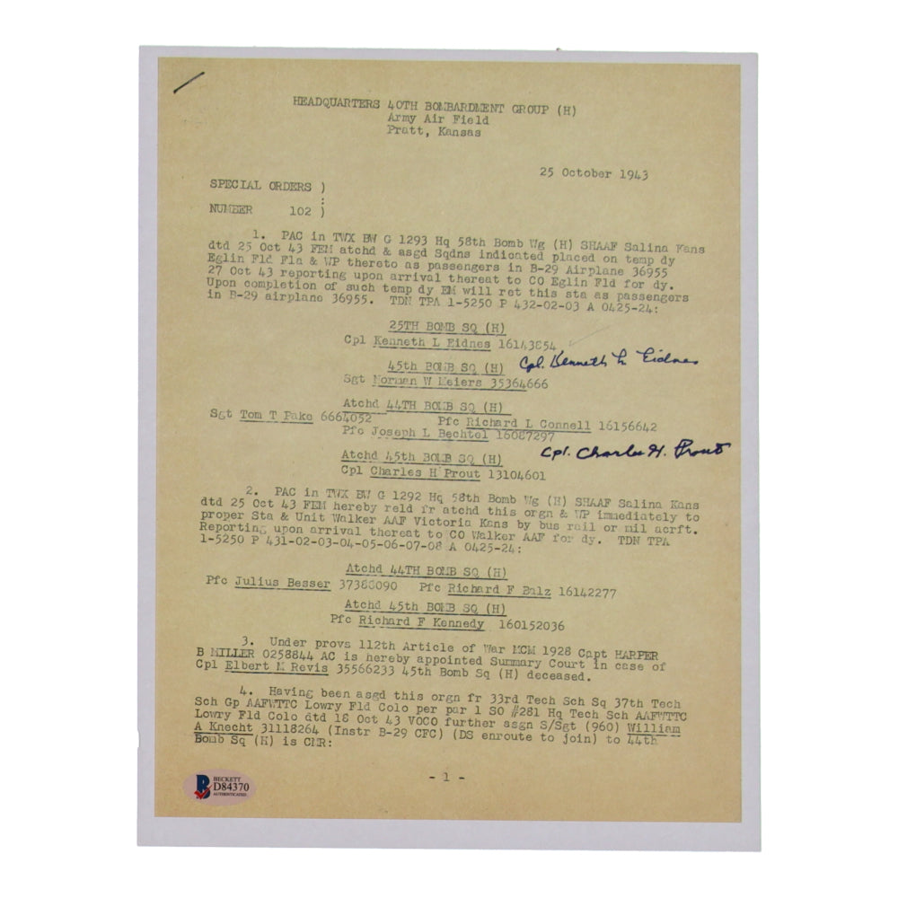 Kenneth Eidnes & Charles H. Prout Signed (Beckett) 8.5 x 11 WWII Document Copy
