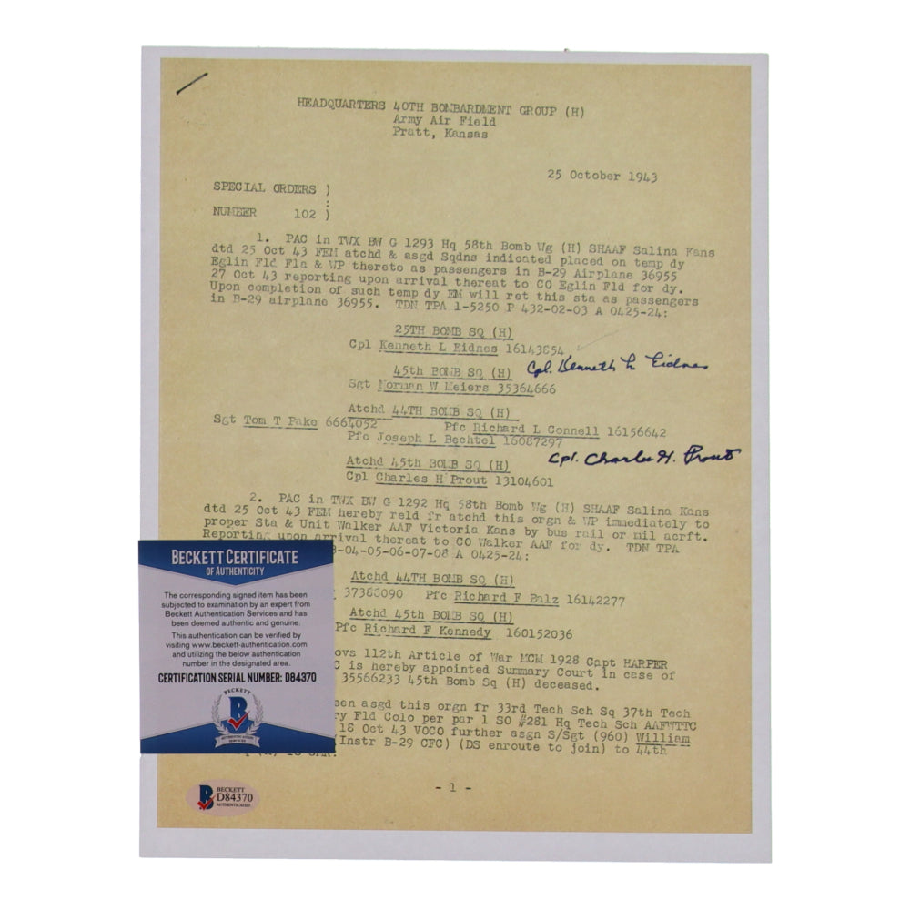 Kenneth Eidnes & Charles H. Prout Signed (Beckett) 8.5 x 11 WWII Document Copy