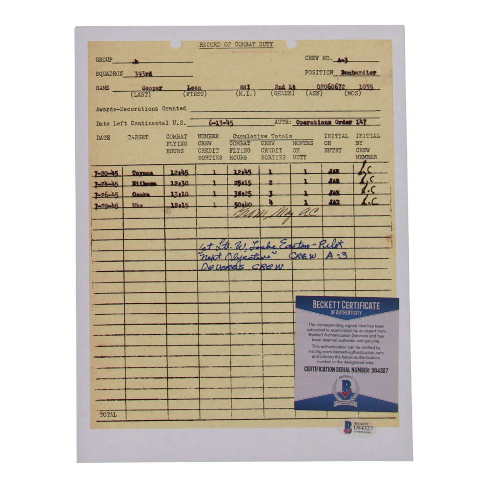 William Locke Easton Signed (Beckett) 8.5x11 WWII Document Copy with Service Record Inscription