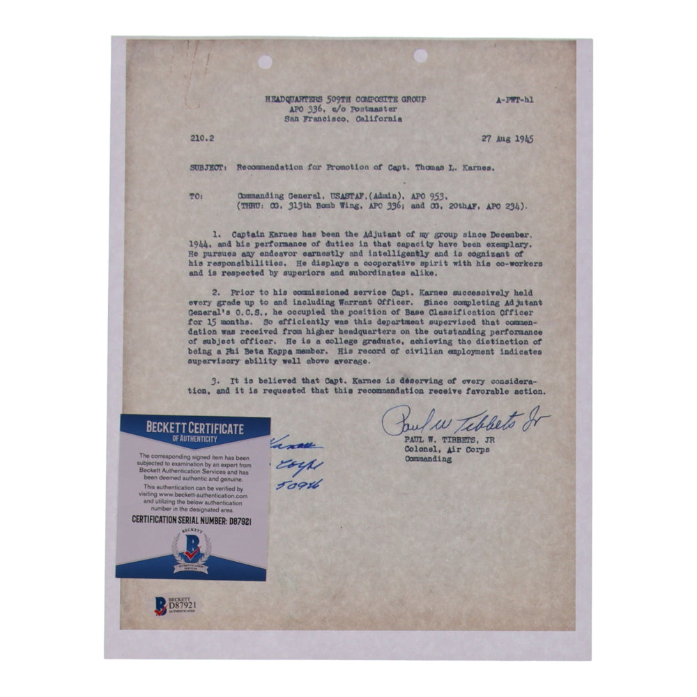 Thomas L. Karnes Signed (Beckett) 8.5x11 WWII Document Copy with Service Record Inscription