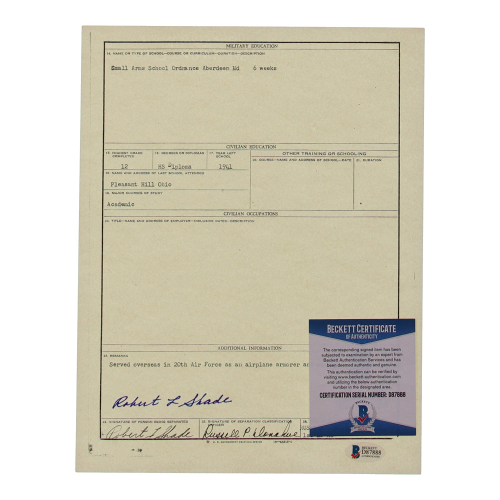 Robert Shade Signed (Beckett) 8.5 x 11 WWII Document Copy
