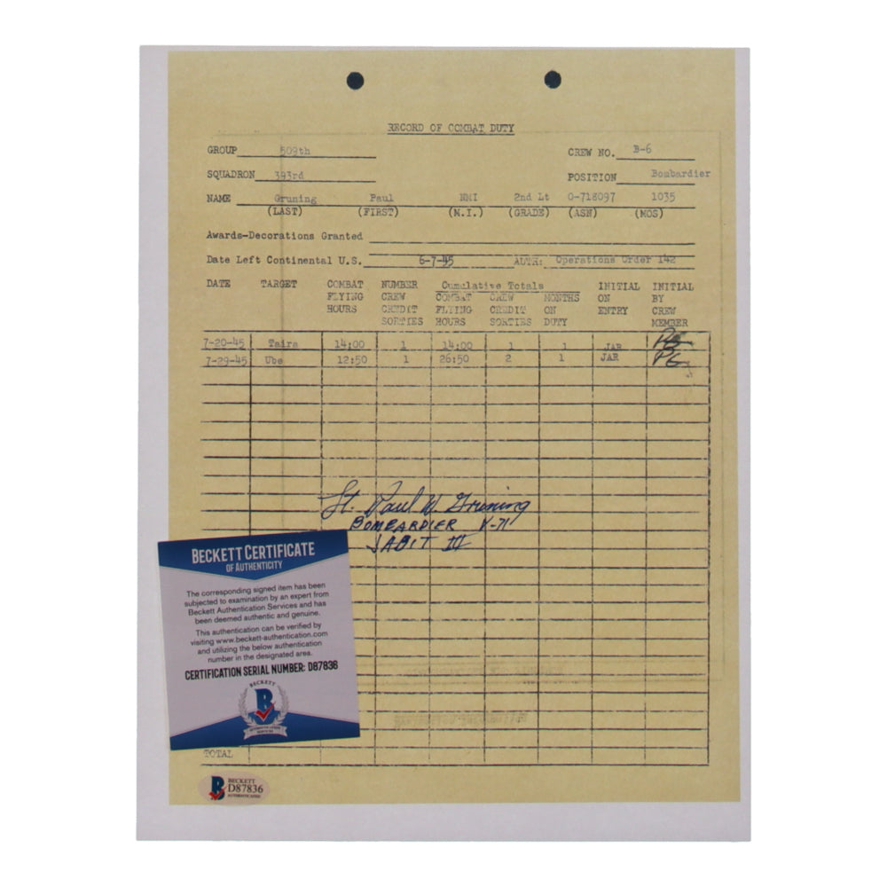 Paul W. Gruning Signed (Beckett) 8.5x11 WWII Document Copy with Service Record Inscription