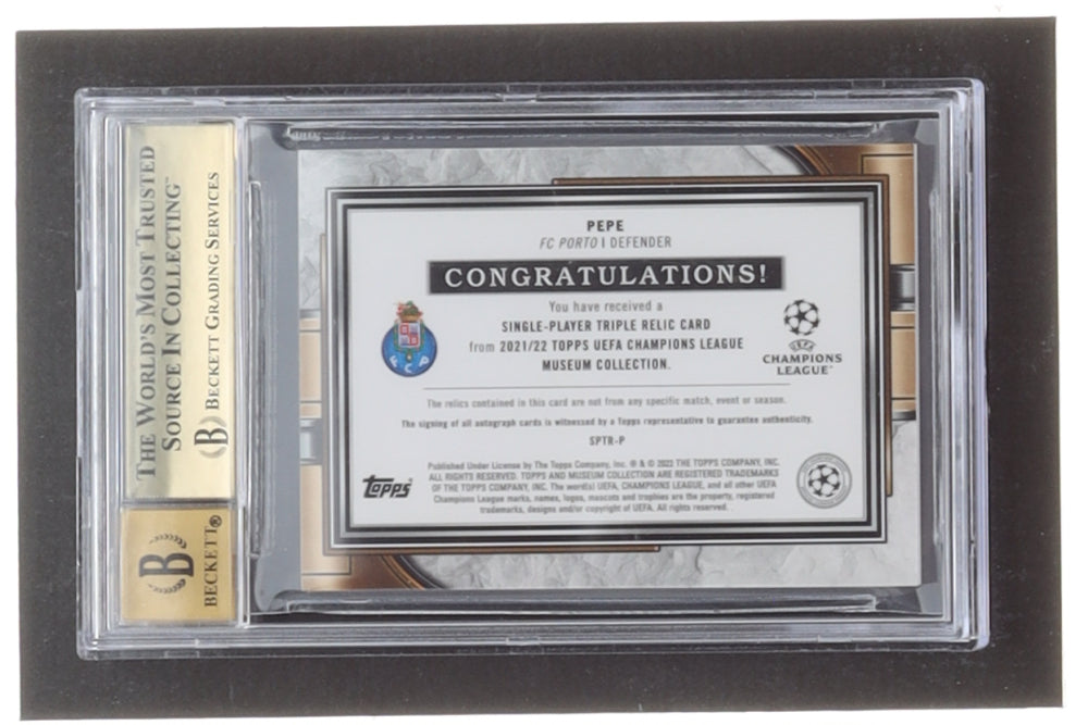 Pepe 2021-22 Topps Museum Collection UEFA Champions League Triple Relic Autographs #SPTRP (BGS 9.5) Serially Numbered #11 / 35 - Autograph Graded Beckett 10