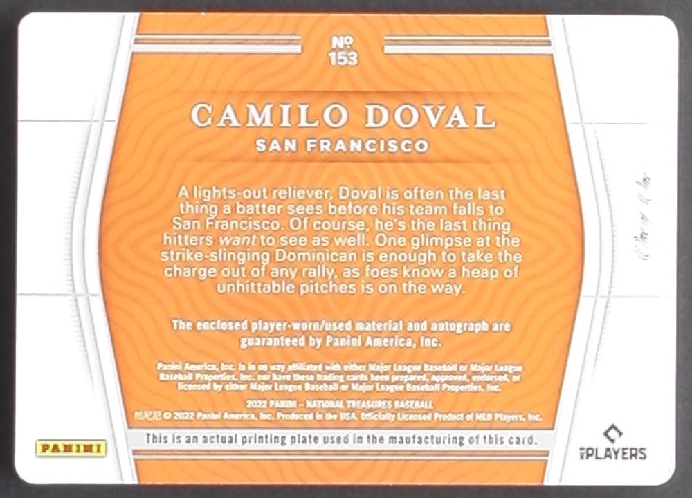 Camilo Doval 2022 Panini National Treasures Printing Plates Magenta #153 Jersey Autograph #1 - Serially Numbered #1 / 1 - Rookie Card
