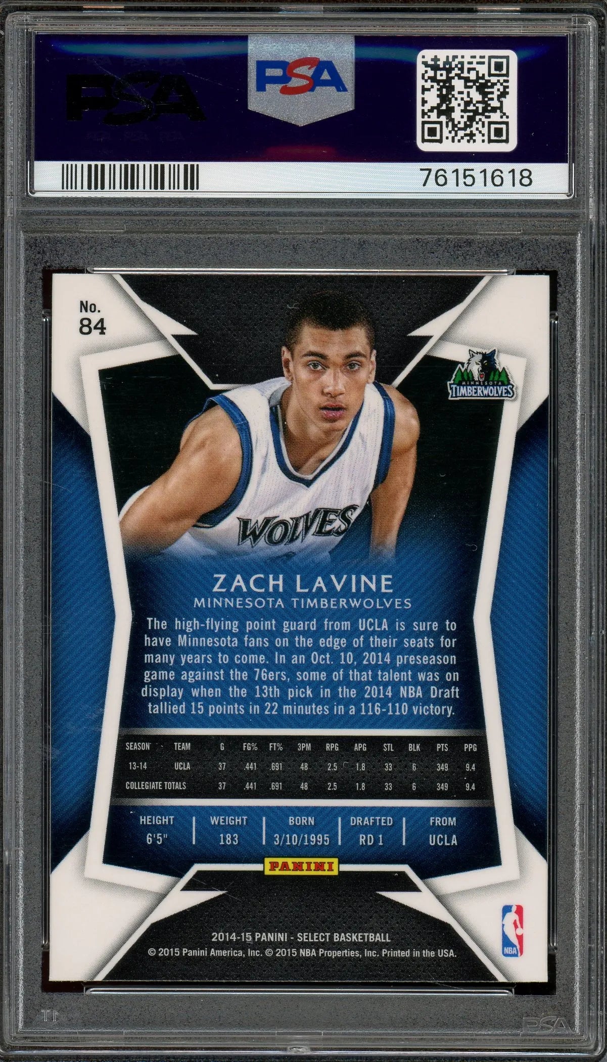 Zach Lavine Signed 2014 Panini Select #84 RC – Auto Gem Mint 10 (PSA) - Rookie Card