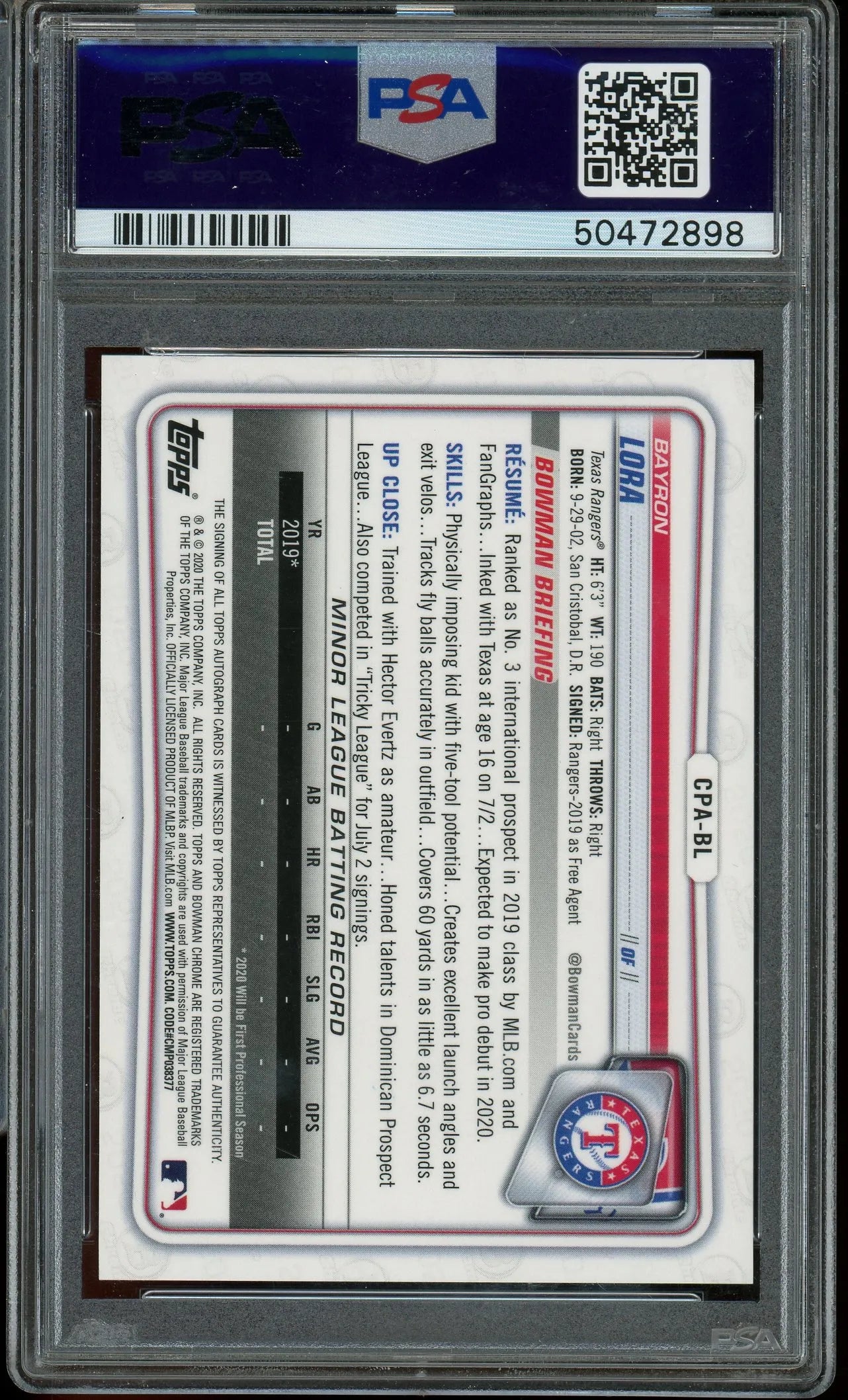 Bayron Lora 2020 Bowman Chrome Prospects 1st Bowman Autograph #CPABL RC– Graded 10 (PSA) - Rookie Card