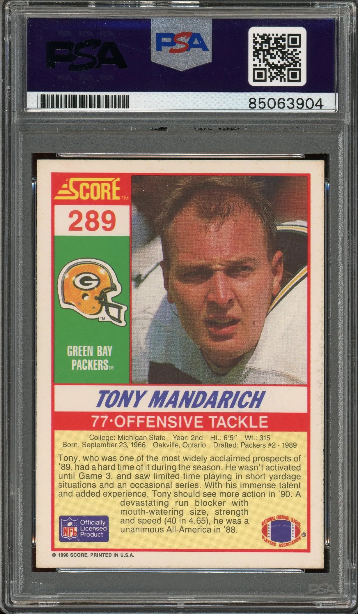 Tony Mandarich Signed 1989 Pro Set #289 RC – Auto Grade PSA 9 - Rookie Card