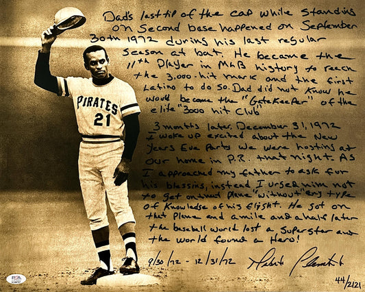 Roberto Clemente Jr. Signed (PSA) Roberto Clemente Story 16x20 Photo - Limited Edition # / 2121 | PSA In-The-Presence