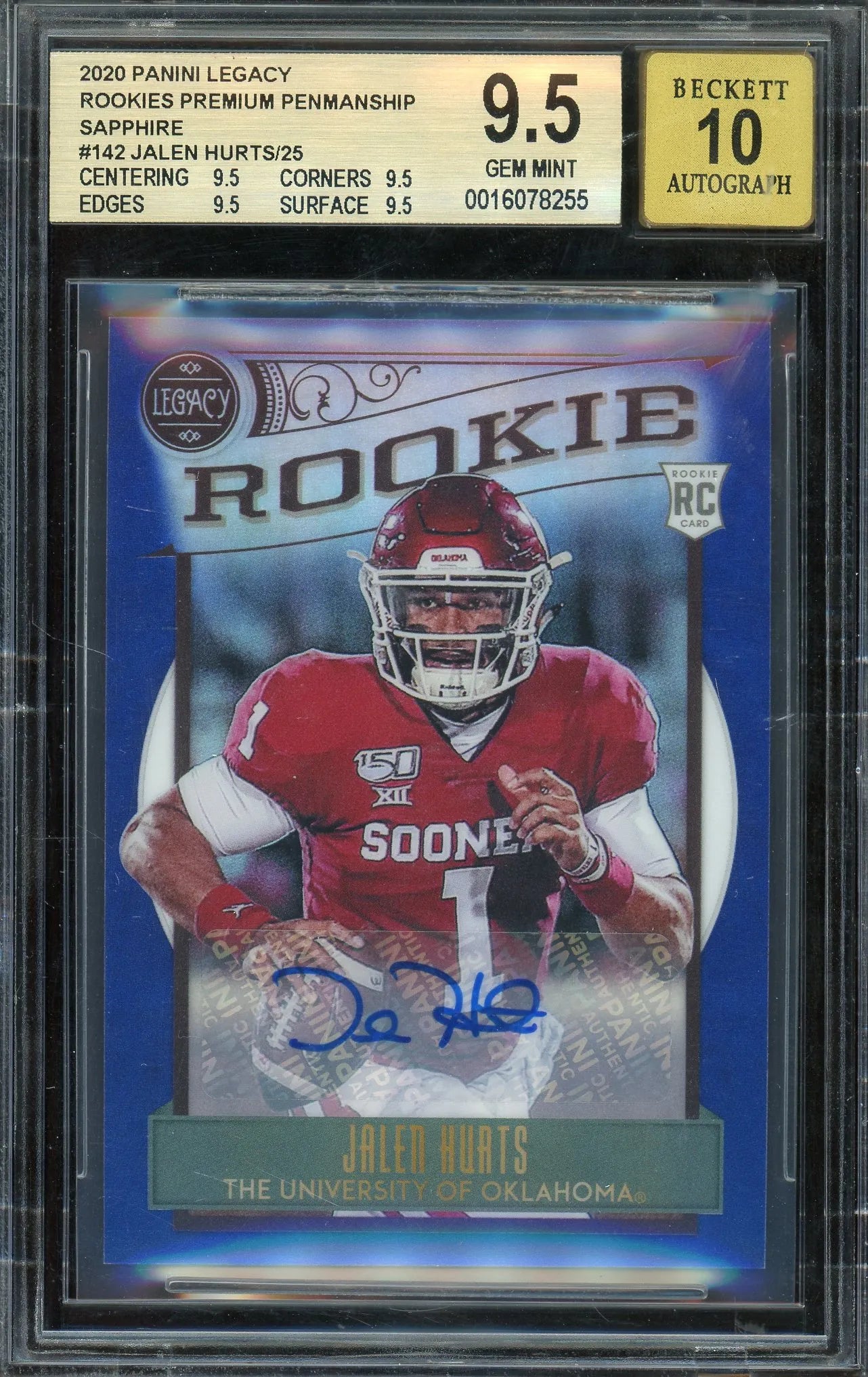 Jalen Hurts 2020 Panini Legacy Premium Penmanship Sapphire Autographed #142 RC - #2 Of 25 - Graded True Gem Mint 9.5 (Quad 9.5s) Auto 10 POP 1! (BGS) - Rookie Crad