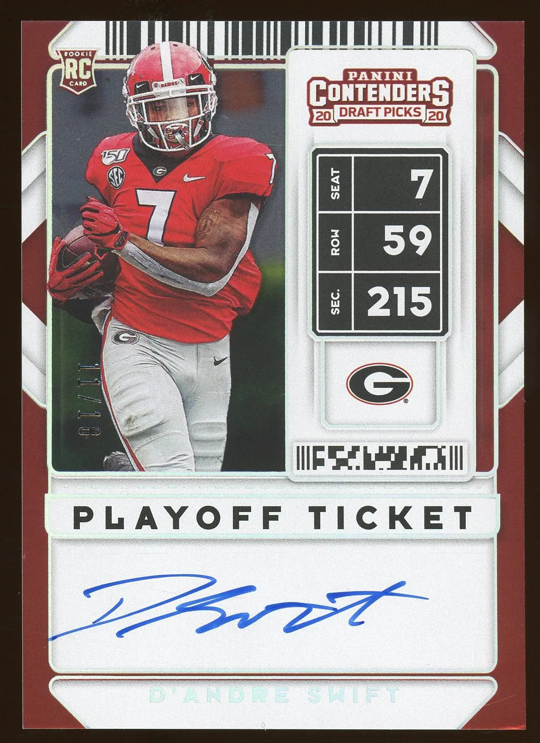 D’Andre Swift 2020 Panini Contenders Draft Picks Playoff Ticket Silver Autograph #111 RC – #11/18 - Rookie Card