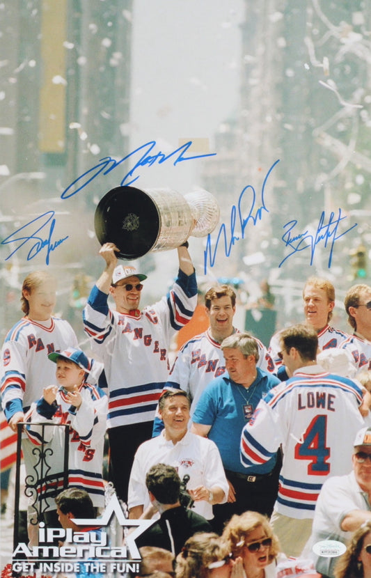 Rangers 11x17 Photo Signed (JSA) by (4) with Mark Messier, Mike Richter, Brian Leetch & Adam Graves - JSA Witnessed