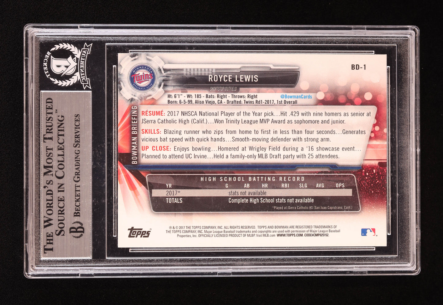 Royce Lewis Signed 2017 Bowman Draft #BD1 RC (BGS) Rookie Card