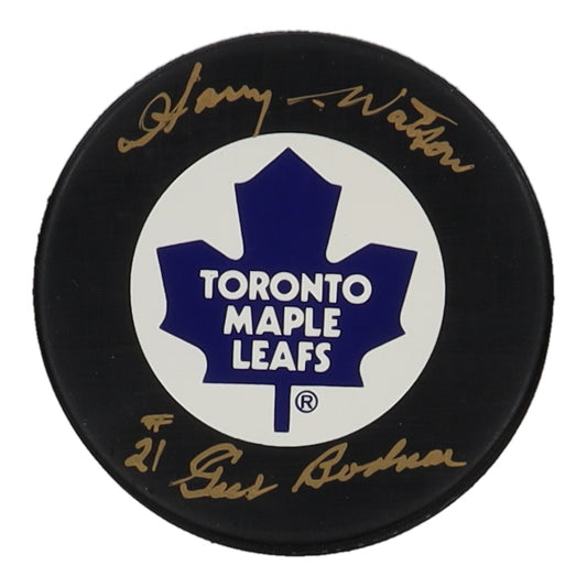 Gus Bodnar & Harry Watson Signed (JSA) Maple Leafs Logo Hockey Puck