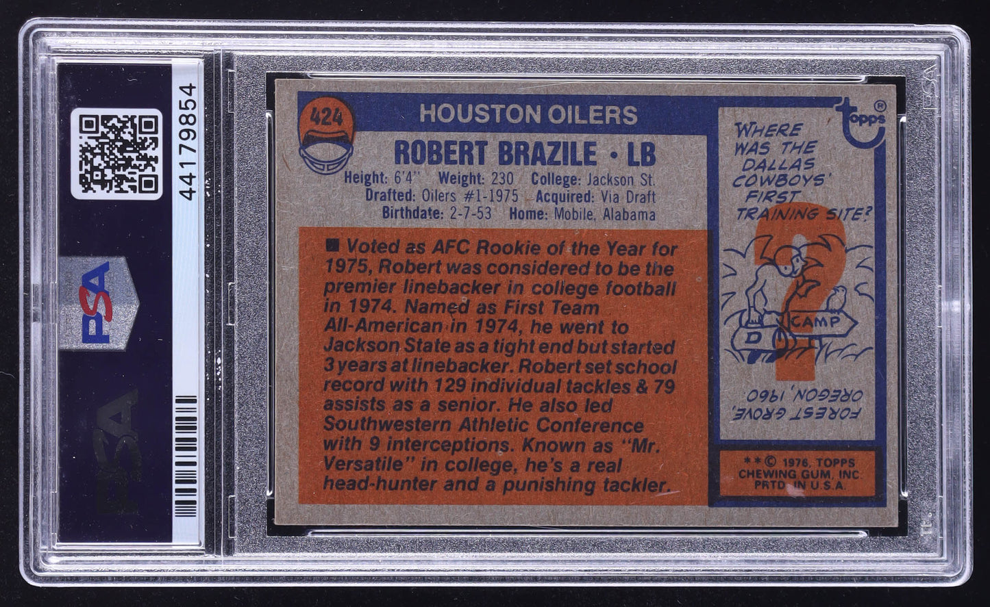 Robert Brazile Signed 1976 Topps #424 RC Inscribed "HOF 18" (PSA | Autograph Grade 10) Rookie Card