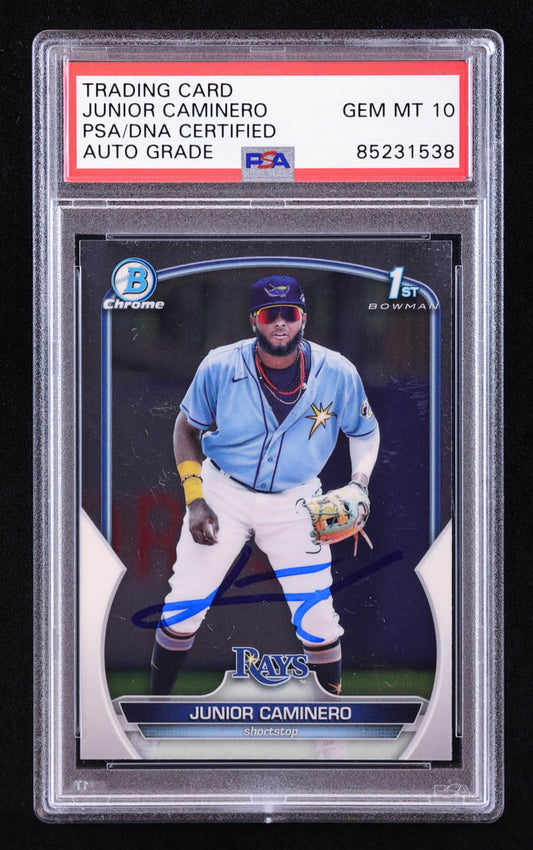 Junior Caminero Signed 2023 Bowman Chrome Prospects #BCP61 RC (PSA | Auto 10) Rookie Card | Autograph Graded PSA 10