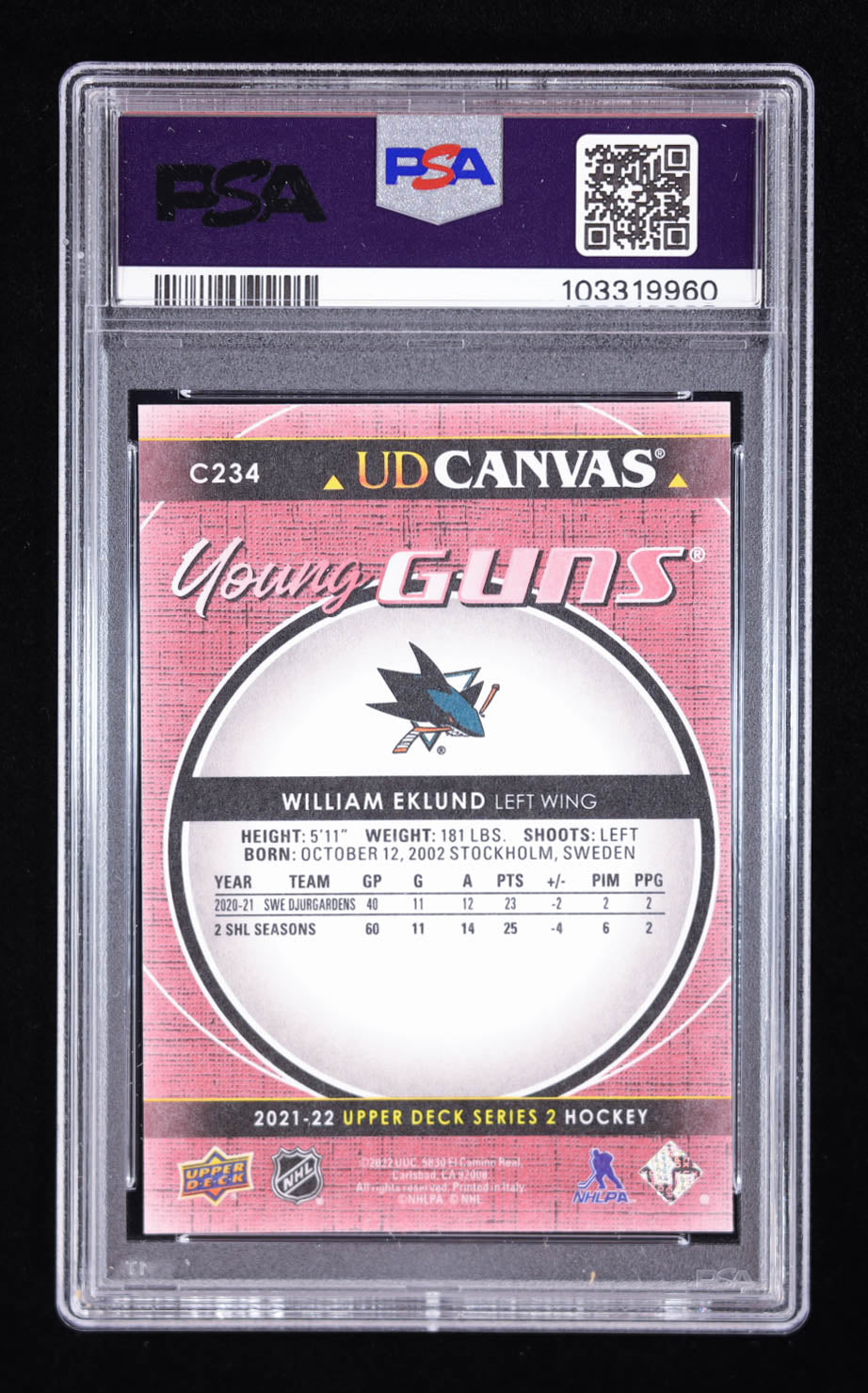 William Eklund Signed 2021 Upper Deck Canvas Young Guns #C234 RC (PSA Auto Grade 9) - Rookie Card