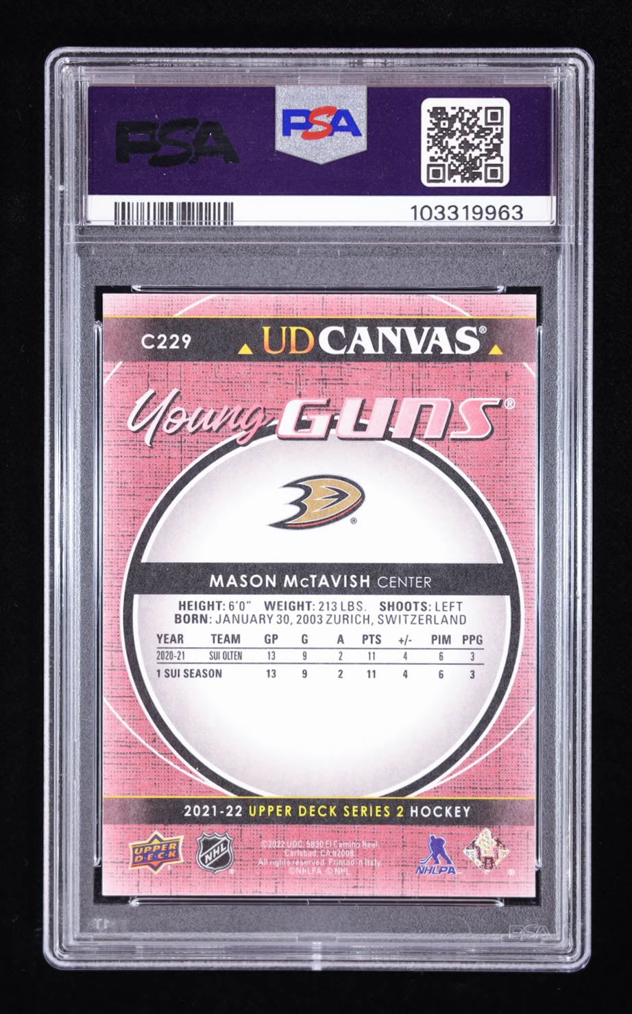 Mason McTavish Signed 2021 Upper Deck Young Guns Canvas #C229 RC (PSA Auto Grade 10) - YG - Rookie Card