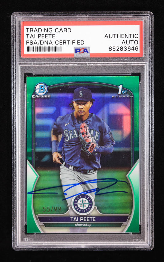 Tai Peete Signed 2023 Bowman Draft Chrome Green Refractor #BDC28 RC #55/99 (PSA) Rookie Card | Serially Numbered #55/99