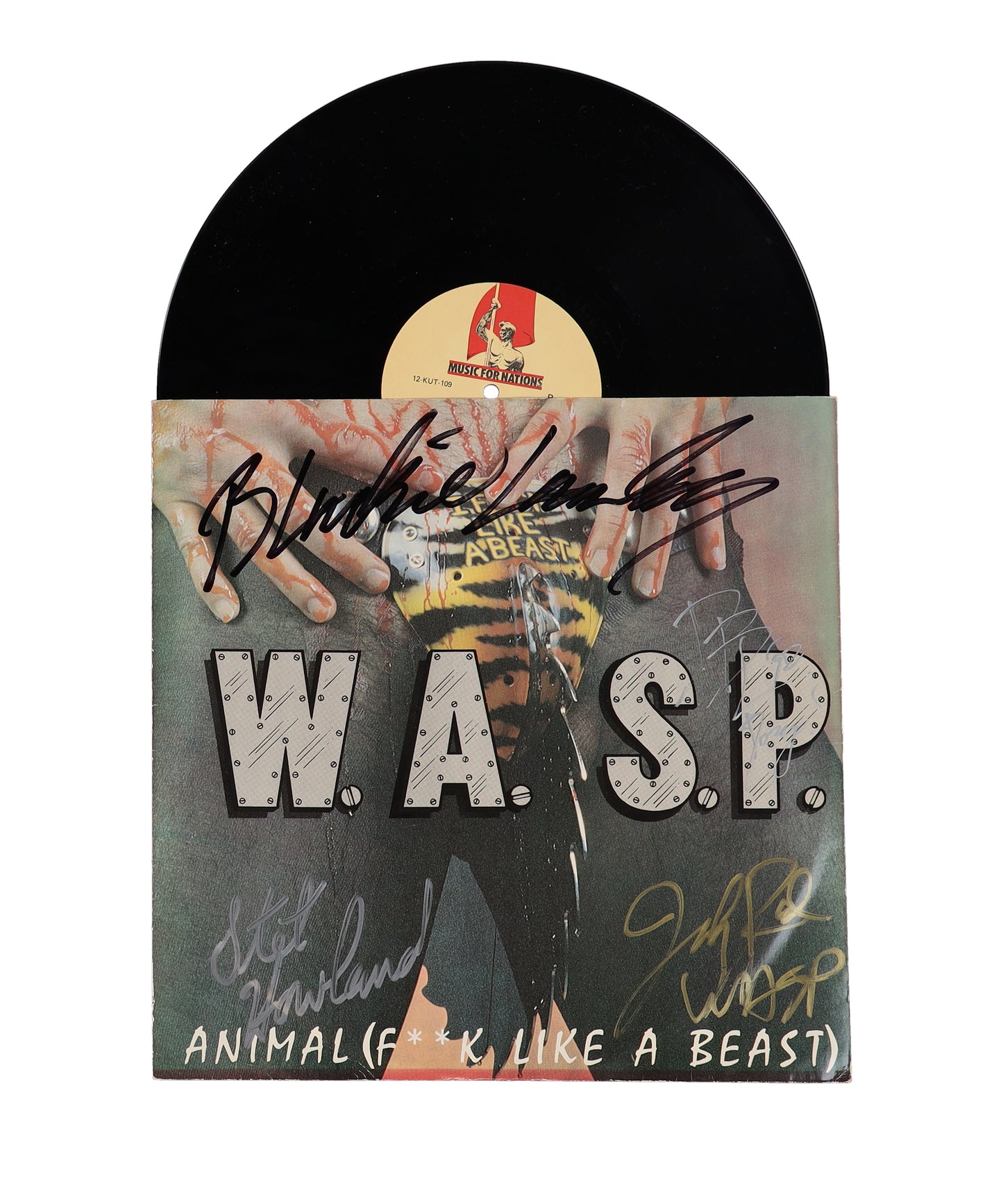 W.A.S.P. "Animal" Vinyl Record Album Band-Signed (Beckett) by (4) with Blackie Lawless, Johnny Rod, Doug Blair & Tripp Holland