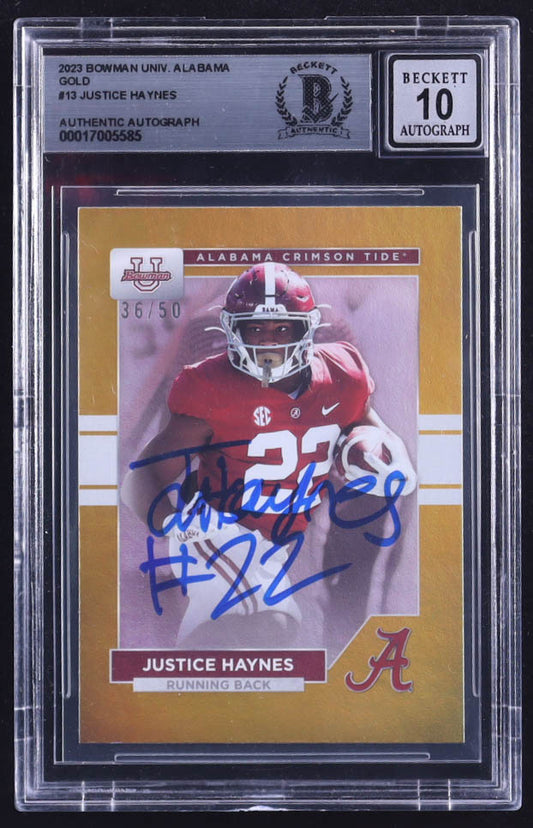 Justice Haynes Signed 2023 Bowman University Alabama Autographs Gold #13 RC #36/50 (BGS | Autograph Grade 10) Rookie Card | Serially Numbered #36 / 50