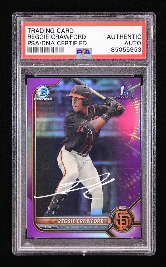 Reggie Crawford Signed 2022 Bowman Chrome Draft Purple Refractors #BDC33 #130/250 RC (PSA) Rookie Card | Serially Numbered #130/250